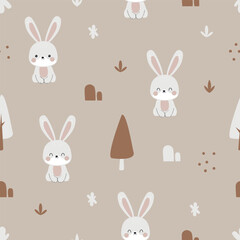 Fototapeta premium Cute cartoon rabbits with forest seamless pattern. Funny animal. Vector illustration. Design for wallpaper, print, wrapping paper, fabric, textile, nursery, etc