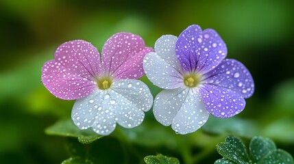 
"Colorful Flowers with Morning Dew Drops on Green Background"