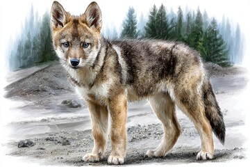 Fototapeta premium Wolf standing on rocky terrain, majestic canid with thick fur and sharp features, surrounded by serene wilderness backdrop.