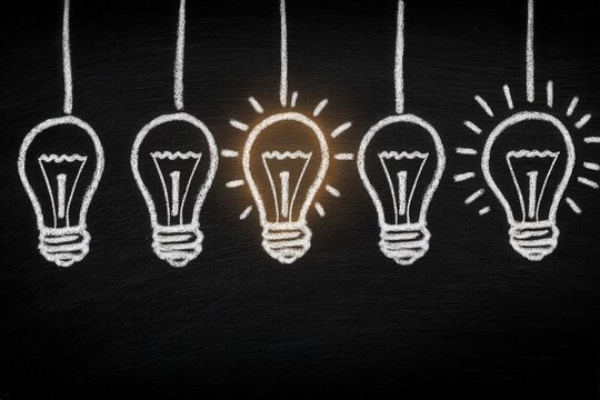 Chalk drawing features five light bulbs hanging from strings, with one bulb brightly lit while the others remain unlit. The background is a textured blackboard, enhancing the contrast.