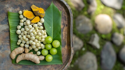 Herbal remedies on banana leaf tray
