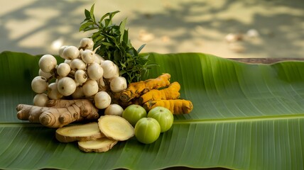 Herbal roots and fruits on banana leaf