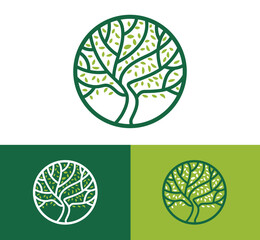 circular logo with stylized tree with a curved trunk, line art style, in three variations