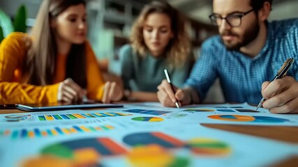 Diverse team analyzes data and charts in a dynamic business meeting setting focused on growth - Powered by Adobe