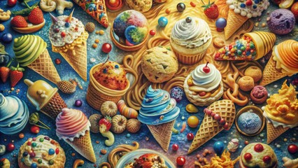 A whimsical and vibrant feast of sugary delights, bursting with colorful ice cream cones, sweet pastries, and whimsical decorations.