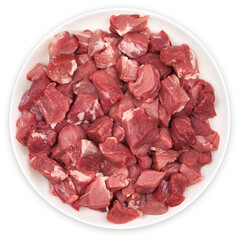 Fresh raw beef pieces in a white bowl isolated on transparent background. Close-up top view of uncooked red meat cubes ready for cooking. PNG.