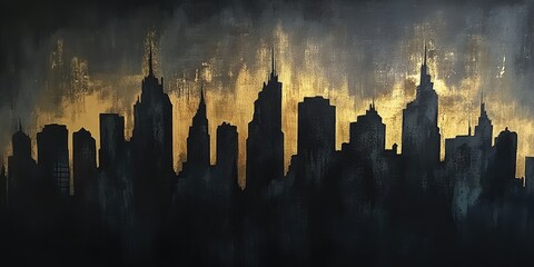 Obraz premium Dark, dramatic city skyline against a fiery, textured backdrop
