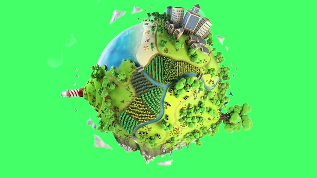 2D animation of a globe rotating in a centre against green screen background. A concept of two lifestyle. A downtown side, a beach and the farmer's residency surround with greenery. Earth day. 4k