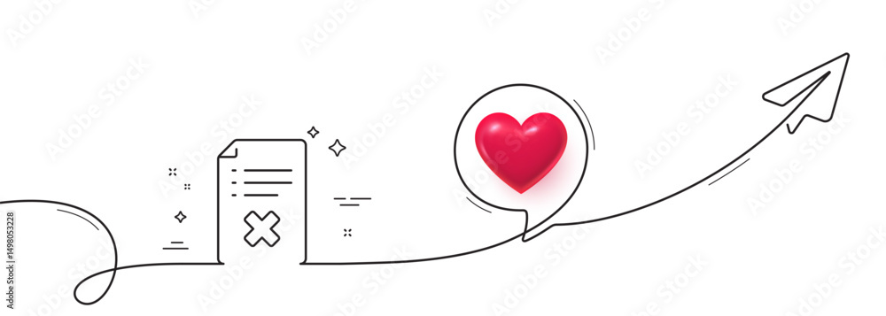 Poster reject file line icon. continuous line with share plane. decline document sign. delete file. 3d hear