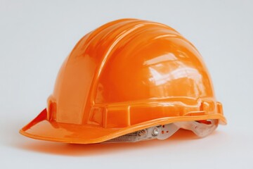 Fototapeta premium A bright orange hard hat rests on a plain light background, symbolizing construction safety and professionalism. Its an essential piece of safety equipment for workers on-site.