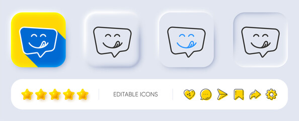 Yummy smile line icon. Neumorphic, Flat shadow, 3d buttons. Emoticon with tongue sign. Speech bubble symbol. Line yummy smile icon. Social media icons. Vector