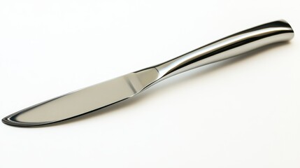 Fototapeta premium Close-up of a shiny silver butter knife on a stark white background.