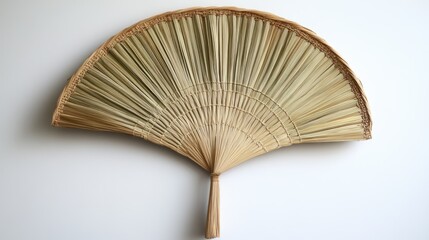 A natural straw hand fan with woven details on a light neutral background.