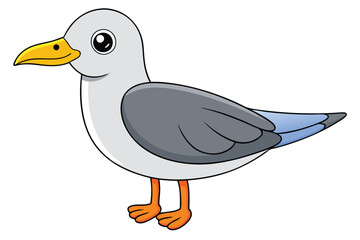 Cartoon Seagull Character Gray Head, Yellow Beak, Orange Legs, and Blue Wing Feathers