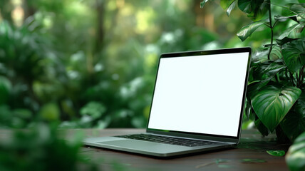 Laptop resting on a wooden table surrounded by greenery in a tranquil setting