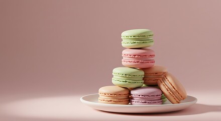 Pastel Macarons on White Plate with Pink Background

