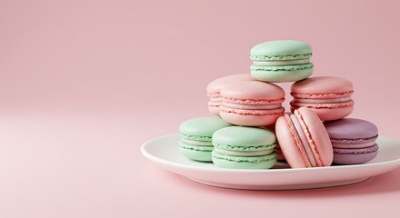 Pastel Macarons on White Plate with Pink Background

