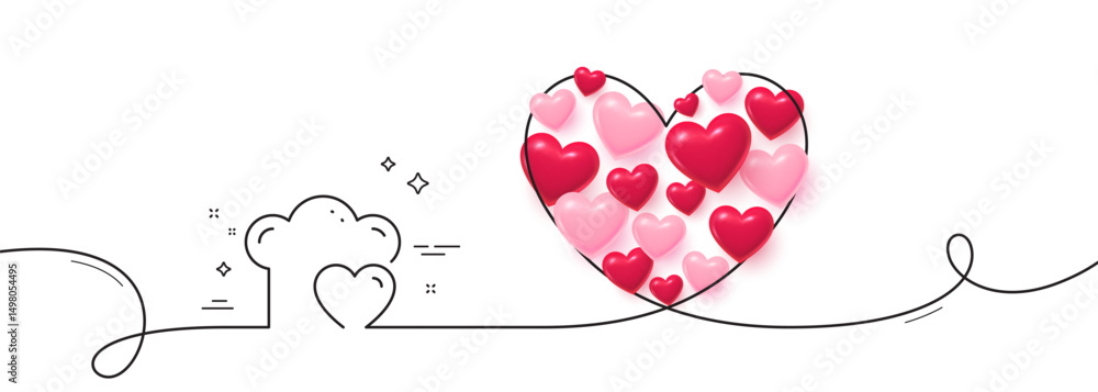 Poster cooking hat line icon. continuous line big heart. chef sign. love food preparation symbol. 3d hearts