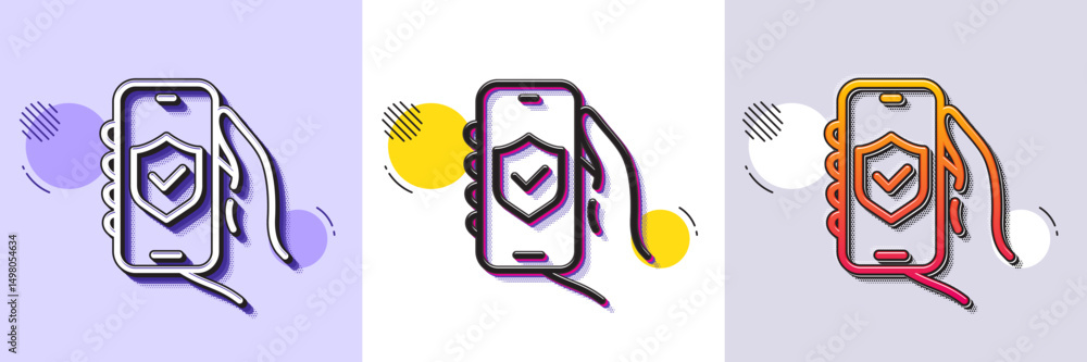 Poster security app line icon. halftone dotted pattern. gradient icon with grain shadow. hand hold phone si