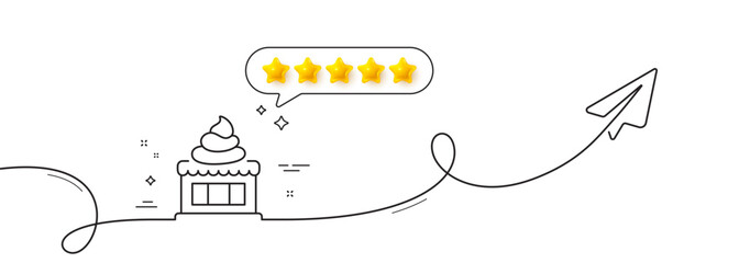 Ice cream shop line icon. Continuous line with share plane. Vanilla sundae sign. Frozen summer dessert symbol. Five star rate review in speech bubble. Ice cream single line ribbon. Vector
