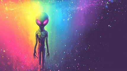 Obraz premium Pixel alien NFT with rainbow aura flat background space