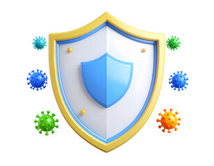 3D icon, shield with small colored viruses around it isolated on a transparent background