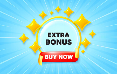 Extra bonus sunburst ray banner. Buy now flag ribbon. Extra bonus offer tag. Special gift promo sign. Sale promotion symbol. 3d stars glitter. Red ribbon tag. Discount offer. Vector