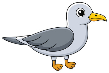 Cartoon Seagull Standing with Black Outline, Gray and Yellow Color Scheme, Vector Image