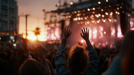 Young festival-goers dance joyfully under a vibrant LED screen at sunset