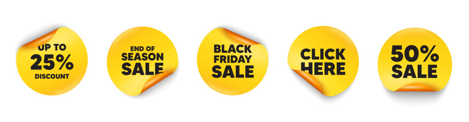 Discount tag sticker tag. 50 percent discount, Black friday paper price banners. Up to 25 percent discount tag. Sale offer price sign. Special offer symbol. Save 25 percentages. Vector