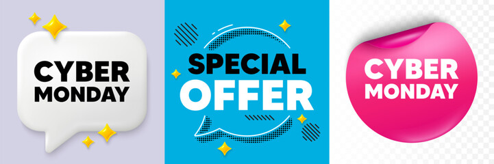 Cyber monday speech bubble. 3d sparkles chat, Paper sticker. Cyber Monday Sale tag. Special offer price sign. Advertising Discounts symbol. Special offer bubble. Halftone dots pattern. Vector