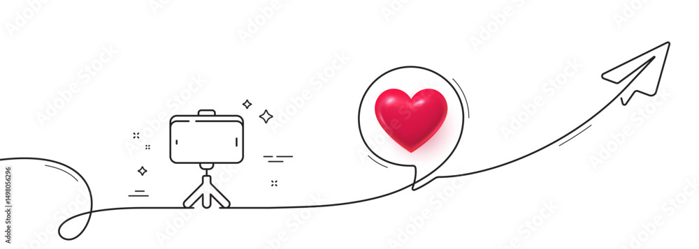 Poster selfie stick line icon. continuous line with share plane. mobile accessories sign. phone photo symbo