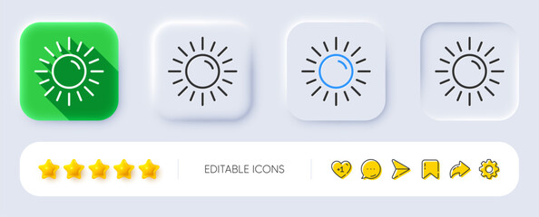 Sun line icon. Neumorphic, Flat shadow, 3d buttons. Hot weather sign. Summer symbol. Line sun icon. Social media icons. Vector