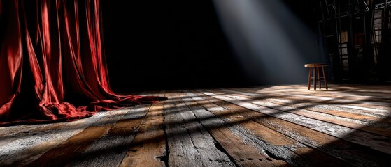 Stage with dramatic lighting, wooden floorboards illuminated by a spotlight, ideal for performance or theatrical presentations.