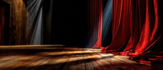 Theater stage with dramatic lighting, vibrant red curtains framing an empty stage, inviting setting for performances.