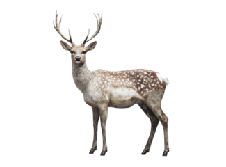 A light brown deer with distinctive white spots stands against a black background, its large antlers spread wide, showcasing a serene yet alert expression