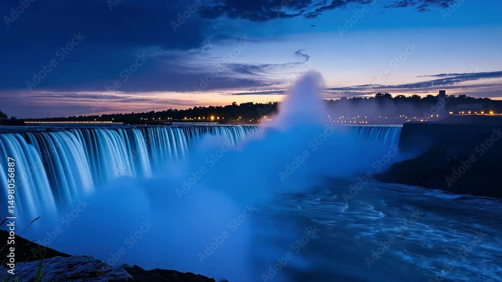 Aufkleber dusk sets over niagara falls, with cascading waters illuminated in soft blue, creating a tranquil at