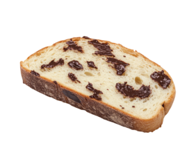 A close-up shot of a slice of artisan bread, lightly toasted, with irregular dollops of dark chocolate spread unevenly across its surface.  The bread exhibits a slightly rustic, artisanal texture