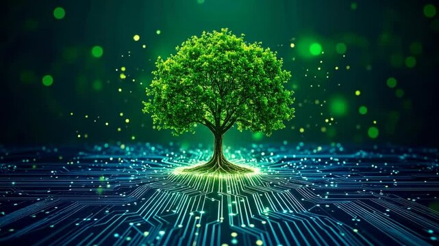 Green Tree On Glowing Circuit Board