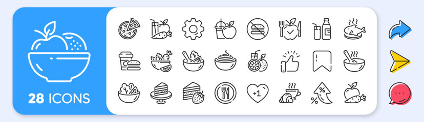 Fototapeta na wymiar Meal line icons. Interest rate, AI generate, Inflation icons. Vegatable dish, poke bowl food and healthy salad set. Pizza, pasta spaghetti bowl and burger line icons. Vector