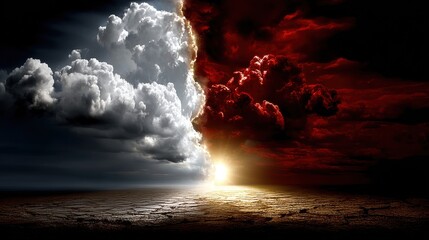 Dramatic sunset over ocean, vibrant clouds blending deep reds and oranges, peaceful natural scene ideal for calming backgrounds.