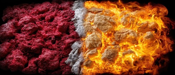 Vibrant illustration of contrasting elements, vivid reds and oranges representing fire and intensity, dynamic visual for creative projects.