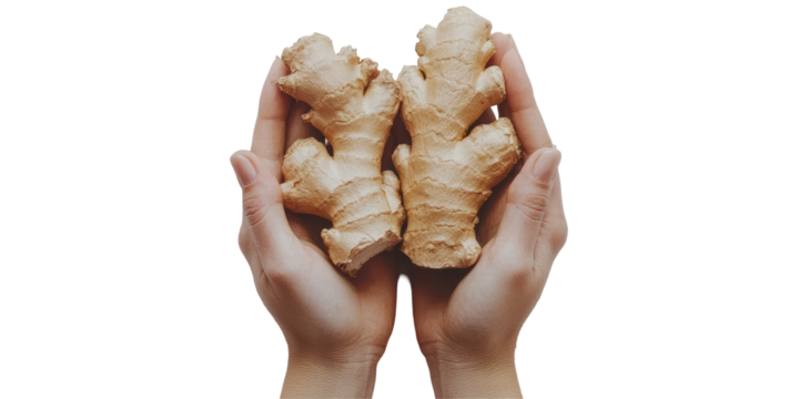 Two pieces of fresh ginger root are gently cradled in a pair of hands against a black background.  The ginger is light brown and knobby, showcasing its natural texture