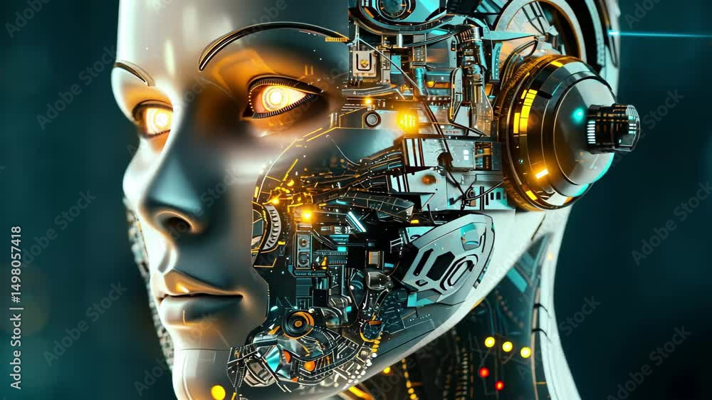 Poster closeup of a high-tech robot portrait showing intricate details of its mechanical features and glowi