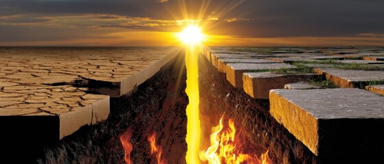 Sunrise over ancient structure, vibrant golden light illuminating pyramids against a dramatic sky, serene atmosphere for reflections.