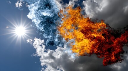 Vivid contrast of sun and fiery clouds, dynamic sky showcasing vibrant colors, perfect for dramatic visuals or environmental themes.