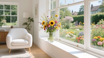 Beautiful vase of wildflowers on a window sill with a view of a blooming garden