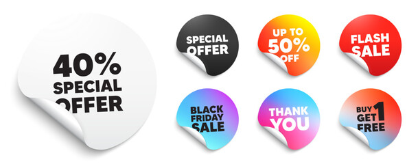Discount sticker tag. Special offer paper price tags. 40 percent discount offer tag. Sale price promo sign. Special offer symbol. Discount, black friday sticker. Promo banner. Vector