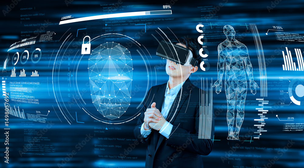 Poster smart business man connecting at global network by using vr glasses. project manager accessing big d