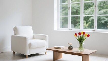 Naklejka premium Minimalist living room interior with comfortable white armchair and fresh tulips by the window